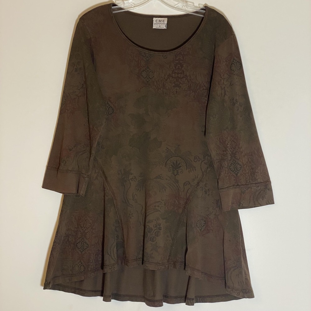 Color Me Cotton Top Womens Large Brown‎ Floral Scoop Neck 3/4 Sleeve Tunic USA